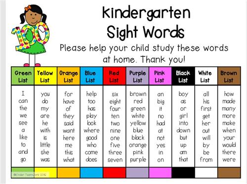 Kindergarten Sight Words 
